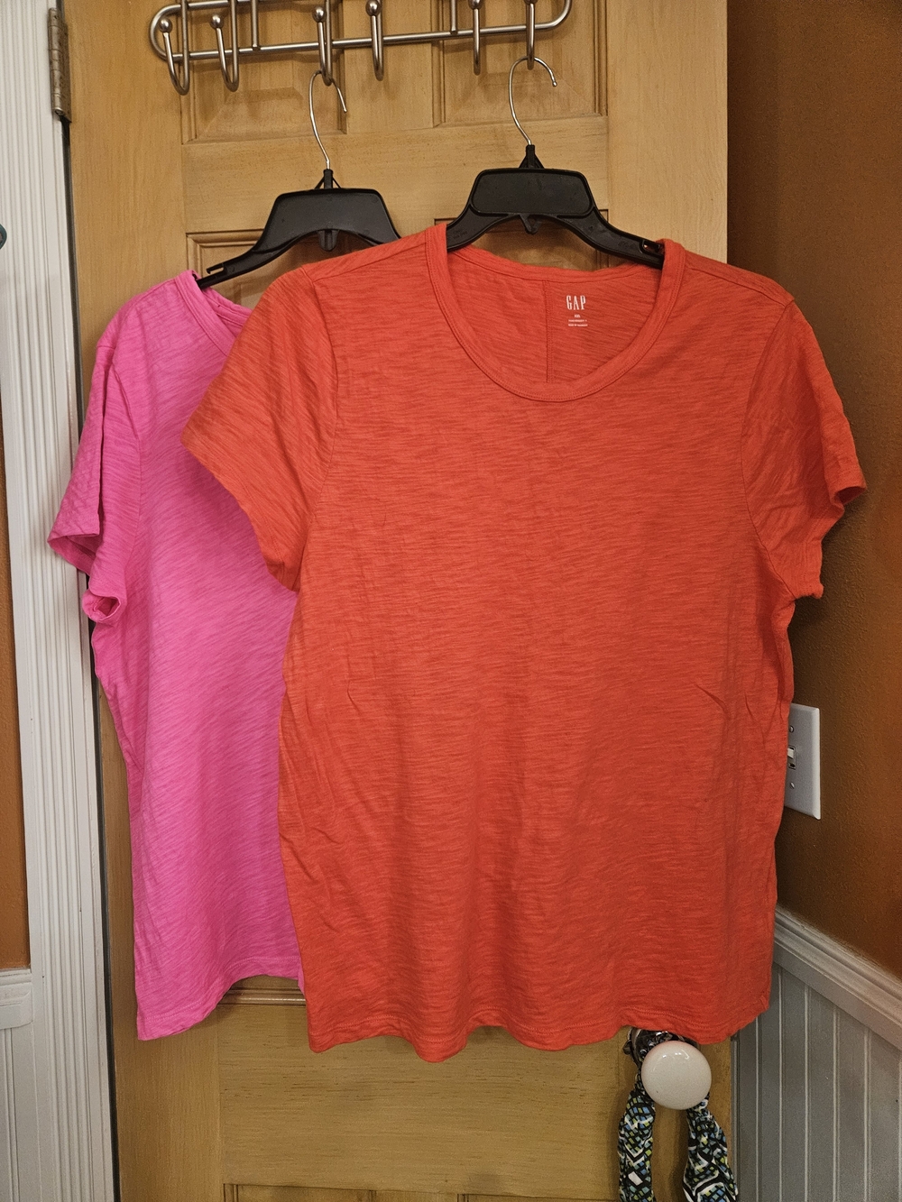 GAP Short-Sleeve Crewneck Tee in Coral Orange (with Pink Tee Behind)